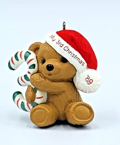 1989 Hallmark Keepsake Ornament Child's 3rd Birthday Felt Hat Candy Cane Bear - Picture 1 of 11