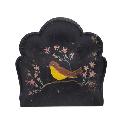 Tin Dust Pan Crumb Catcher Hand Painted Bird Design On Black Ruffle Edge 8.5" - Image 1 of 4