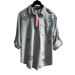 Jane Delancey Top Damen 1X Blau Denim Chambray Button Down Applikation Herzen - Bild 1 von 8