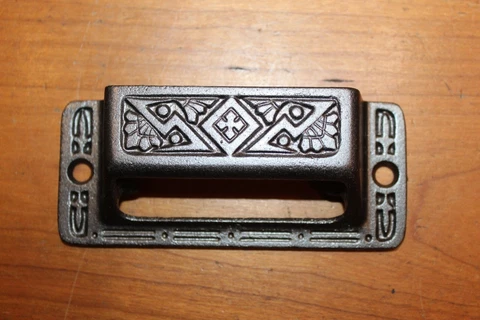 Antique Cast Iron Detailed Bin Apothecary Cupboard Drawer Pull L-108 Cover