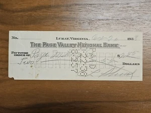 Vintage 1938 Page Valley National Bank of Luray Virginia VA Zähler Scheck - Bild 1 von 4