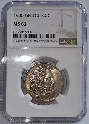 GRECIA / 1930 20 Dracmai "Poseidón" - NGC MS 62!!! Foto 1 de 2