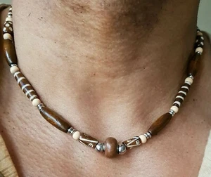 Mens Brown Wood beaded necklace, tribal,leather,Wood Pendant,Handmade To Order - Picture 1 of 7