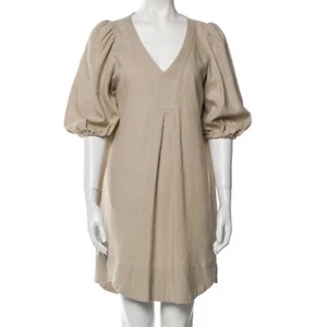 CYNTHIA ROWLEY | Damen Midikleid Sand Leinenmischung Puffärmel V-Ausschnitt Gr. L - Bild 1 von 12