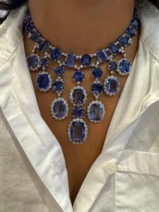 Lab Blue Ceylon Sapphire Gemstone Necklace 925 Silver Handmade Big Halo Jewelry - Picture 1 of 4