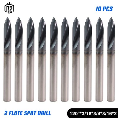 10 шт. 2 флейты 3/16 дюйма x 3/4 дюйма x 2 дюйма 120 градусов твердосплавная точечная дрель - с покрытием AlTiN - Изображение 1 из 4