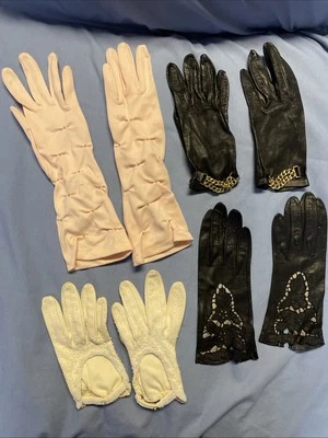 Lote De Colección Damas Guantes 4 Pares Cuentas Encaje Largo Corto Cuero Tela Talla XS Foto 1 de 4
