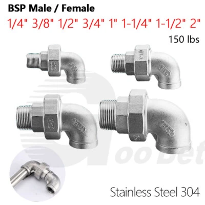 Stainless Steel Union Elbow 90° BSP 1/4"-2" Thread M/F Pipe Fittings Adapter 304 - Image 1 of 4
