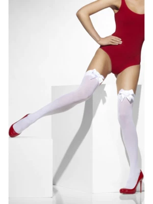 Opaque Hold Ups White Stockings With Bow Ladies Fancy Dress Thigh Highs Sexy - Image 1 of 2