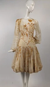 VINTAGE 2006 BILL BLASS RUNWAY GOLD STENCILED SILK CHIFFON DRESS W BALLOON SKIRT - Picture 1 of 9
