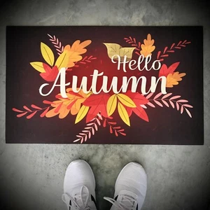 "HOLA OTOÑO ALFOMBRA PUERTA antideslizante granja rústica marrón oscuro hojas de otoño 18 x 30" - Imagen 1 de 4