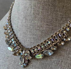 Vintage AB Blue Carved Rhinestone Crystal Necklace 50s STUNNING! - Picture 1 of 8
