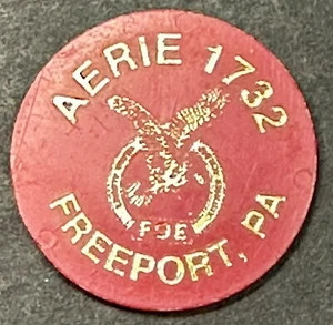 Vintage Freeport PA Eagles Club #1732 Bier Werbung Anspruch Scheck Chit Tag Münze - Bild 1 von 2