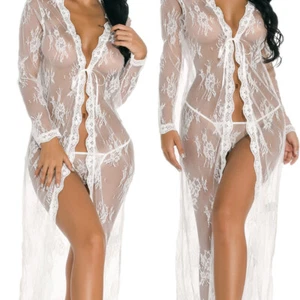 Sexy Long Robe Lace Sheer Bridal Kimono Lingerie Wedding Nightgown Chemise Women - Picture 1 of 48