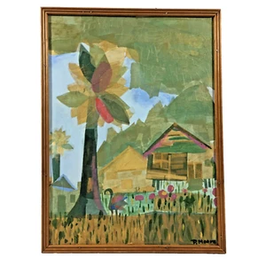 Gerahmte Mischtechnik Malerei & Seidenpapier angewandte Kunst Landschaft Häuser 24x18 - Bild 1 von 24