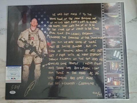 ROBERT O'NEILL SIGNED 16X20 WITH "NEVER QUIT" INSCRIPTION. PSA COA Cover