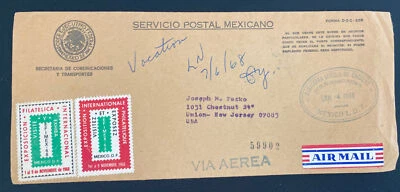 1968 México Ci México Correo Aéreo Cubierta Oficial a Unión NJ EE. UU. Secta de Comunicación Foto 1 de 2