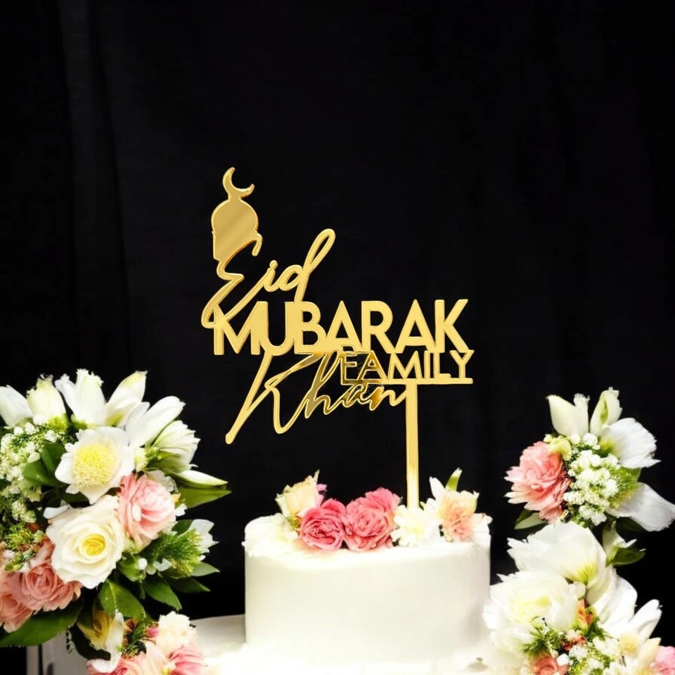 Eid Mubarak Decoración de Pasteles Acrílico Dorado Decoración de Pasteles Reutilizable D3 Foto 1 de 1