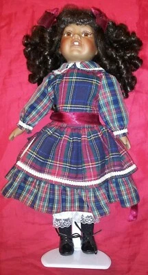 Vintage African American 16 Inch Doll W STAND RED PLAID DRESS & Ribbons NEW ! - Image 1 of 4