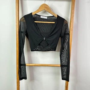 Glassons Crop Top Womens Small Black Mesh Long Sleeve V-Neck Sheer - Picture 1 of 9