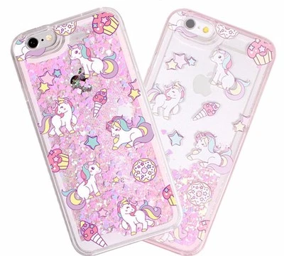 iPhone 5/6S/7+/8+PLUS - HARD CASE Waterfall PINK UNICORNS Liquid Glitter Hearts - Image 1 of 4