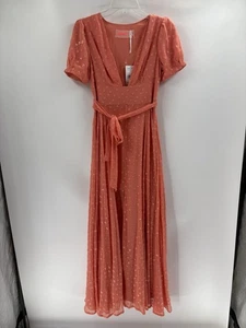 Free People wanderer Maci dress boho gown coral chiffon metallic gold textured 4 - Picture 1 of 20