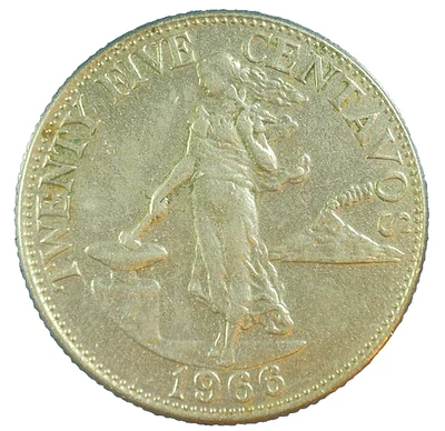 WORLD COIN SALE-1966 PHILIPPINES 25 CENTAVOS-COPPER/ZINC/NICKEL COMP COIN-KM#189 - Image 1 of 3