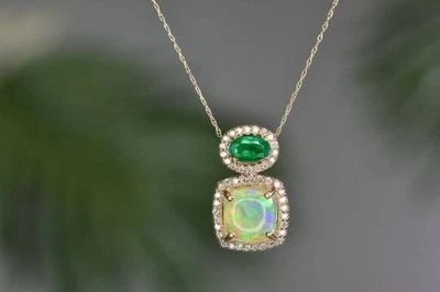 3.Ct Cushion Cut Fire Opal & Emerald Diamond Pendant Necklace 14k Yellow SILVER - Image 1 of 4