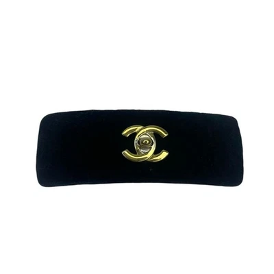 Clip de pasador de pelo Chanel Coco Mark Turn Lock negro dorado gamuza cuero satinado Foto 1 de 4