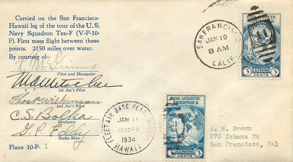 PILOT SIGNED US NAVY SQUADRON 10 FLEET AIRBASE PEARL HARBOR HAWAII, 2150Mi, 1934 - Image 1 of 2