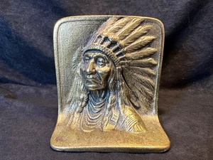 Vintage Cast Metal Brass Plated Native American Indian Chief Headdress Bookend - Picture 1 of 6