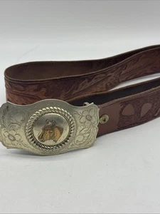 Vintage Leather Belt with Horse Head Buckle German Silver Floral Design 34 Inch - Bild 1 von 8