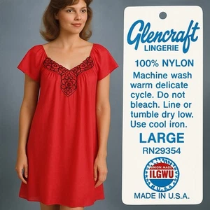Vintage Glencraft Fuchsia Nylon Nachthemd groß bestickt Spitze LGWU USA - Bild 1 von 9