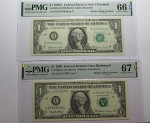 2 $1 1969 & 1999 Matching Radar Serial Numbers Federal Reserve Bank Note Bills - Picture 1 of 8