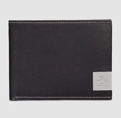 $59 Original Penguin Hombre Cuero Negro Doble Plegable Billetera Pasaporte Billetera Foto 1 de 3