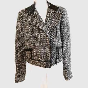 Chaqueta de Motocicleta para Mujer Kenneth Cole Tweed Mezcla de Lana Borde de Cuero M - Imagen 1 de 12