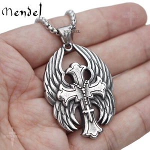 MENDEL Mens Angel Wings Biker Cross Pendant Necklace For Men Stainless Steel - Picture 1 of 6