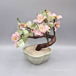 Vintage Japan Kunst Glas Jade Bonsai Baum 9" x 8", rosa Blumen - Bild 1 von 12