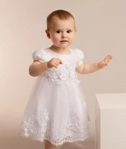 Vestido de bautizo de encaje floral blanco para bebés niñas - Vestido manga gorra, 0-24 meses - Imagen 1 de 3