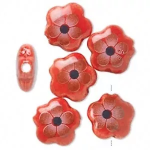 Cuentas, 6 cuentas de porcelana pintadas a mano de 15x15x6 mm de doble cara de flores rojas * - Imagen 1 de 1