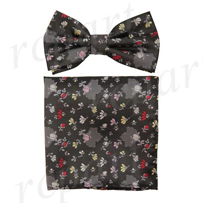 Conjunto de pajarita y pañuelo preatado de microfibra para hombre flores grises fiesta de boda formal Foto 1 de 4