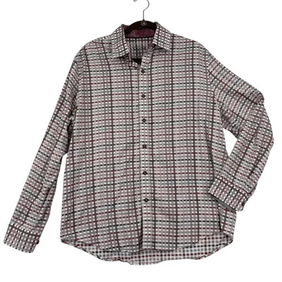 Tasso Elba Button Up Shirt Men's Size L Gray White Red Plaid Long Sleeve Cotton - Image 1 of 4
