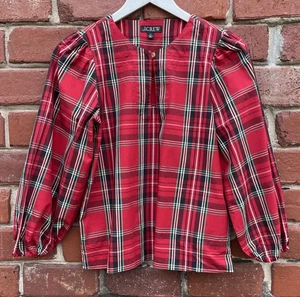 J Crew Womens Sz XS 3/4 Puff Sleeve Blouse 100% Cotton Red Tartan Plaid - Picture 1 of 8
