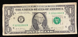 F22022002B $1 Binary Repeater 0s and 2s Fancy Serial Number One Dollar Bill 2017 - Picture 1 of 4