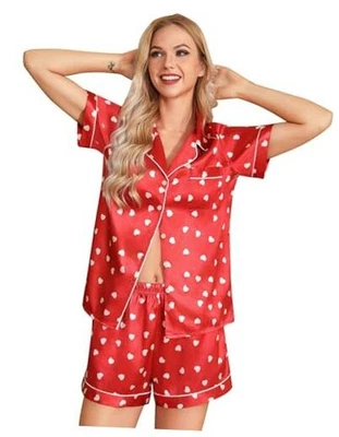  Pijama de seda para mujer pijama con botones satinado conjunto de pijama suave pequeño rojo amor Foto 1 de 4