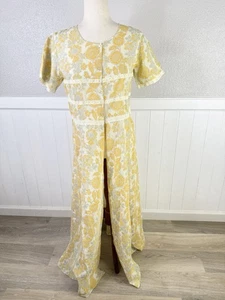 Vintage 70s Yellow Retro Floral Handmade House Dress Housewife Lace Trim - Picture 1 of 13