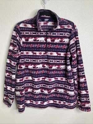 Lands End Purple Nordic Fair Isle Fleece Pullover 1/4 Zip Polar Bear Moose Sz L - Image 1 of 3
