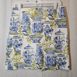 Talbots Mini Skirt Watercolor Chinoiserie Blue White Green Lined Women's Size 4 - Picture 1 of 9