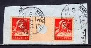 SWITZERLAND — ZUMSTEIN S30 — 1924 20c VERMILION TELL GUTTER PAIR— USED — CV $270 - Picture 1 of 2