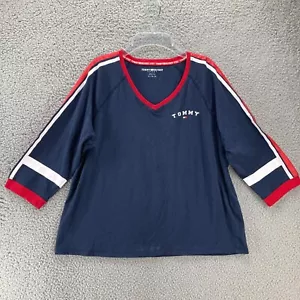 T-shirt sportiva Tommy Hilfiger donna top blu navy manica a 3/4 logo grafico - Foto 1 di 11